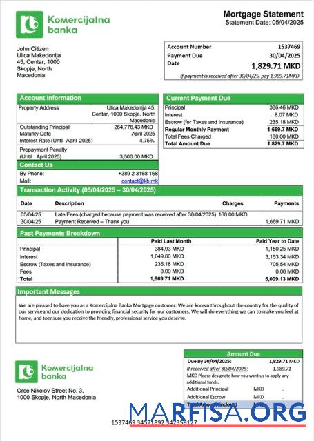 Downloadable North Macedonia Komercijalna Banka mortgage statement Word and PDF template
